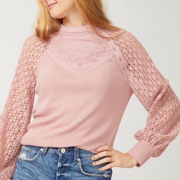 Free People | s | pink lace thermal, sweetest thing top, balloon long sleeves - Picture 5 of 8
